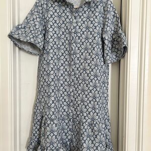 Women’s Blue Floral Shirt Dress with Ruffled Sleeves and Hem